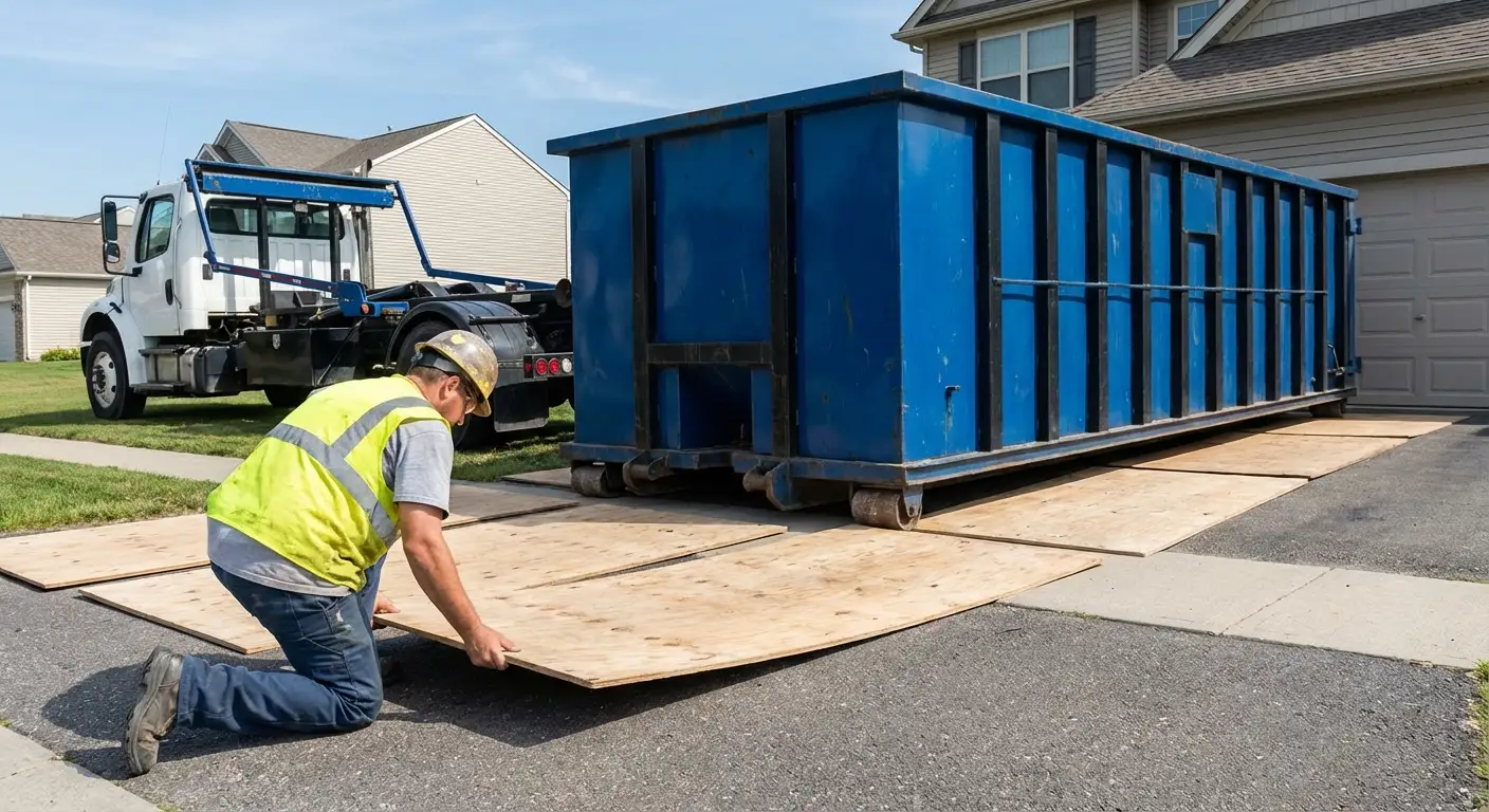 Driveway protection and delivery preparation for dumpster rental in Towson, MD