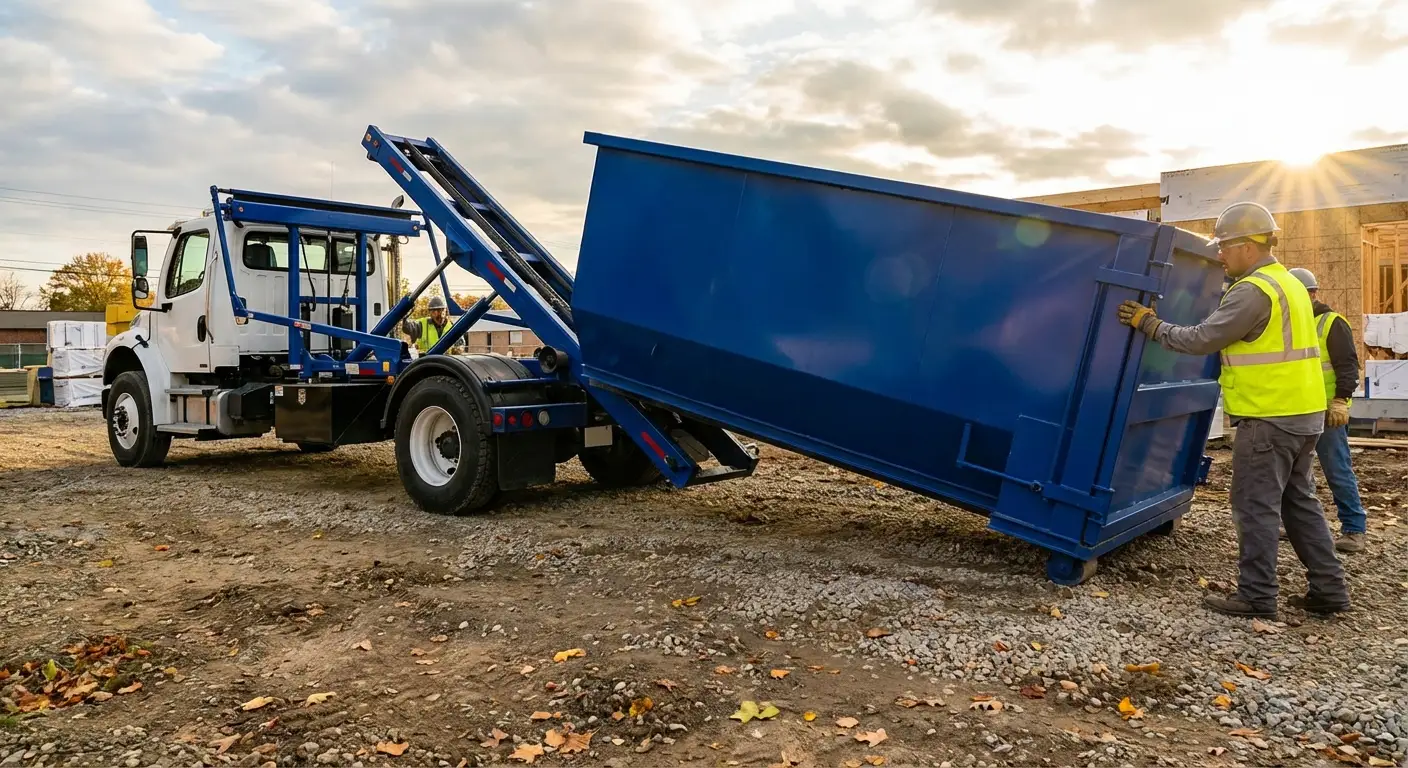 Construction dumpster delivery truck at job site in Towson, MD