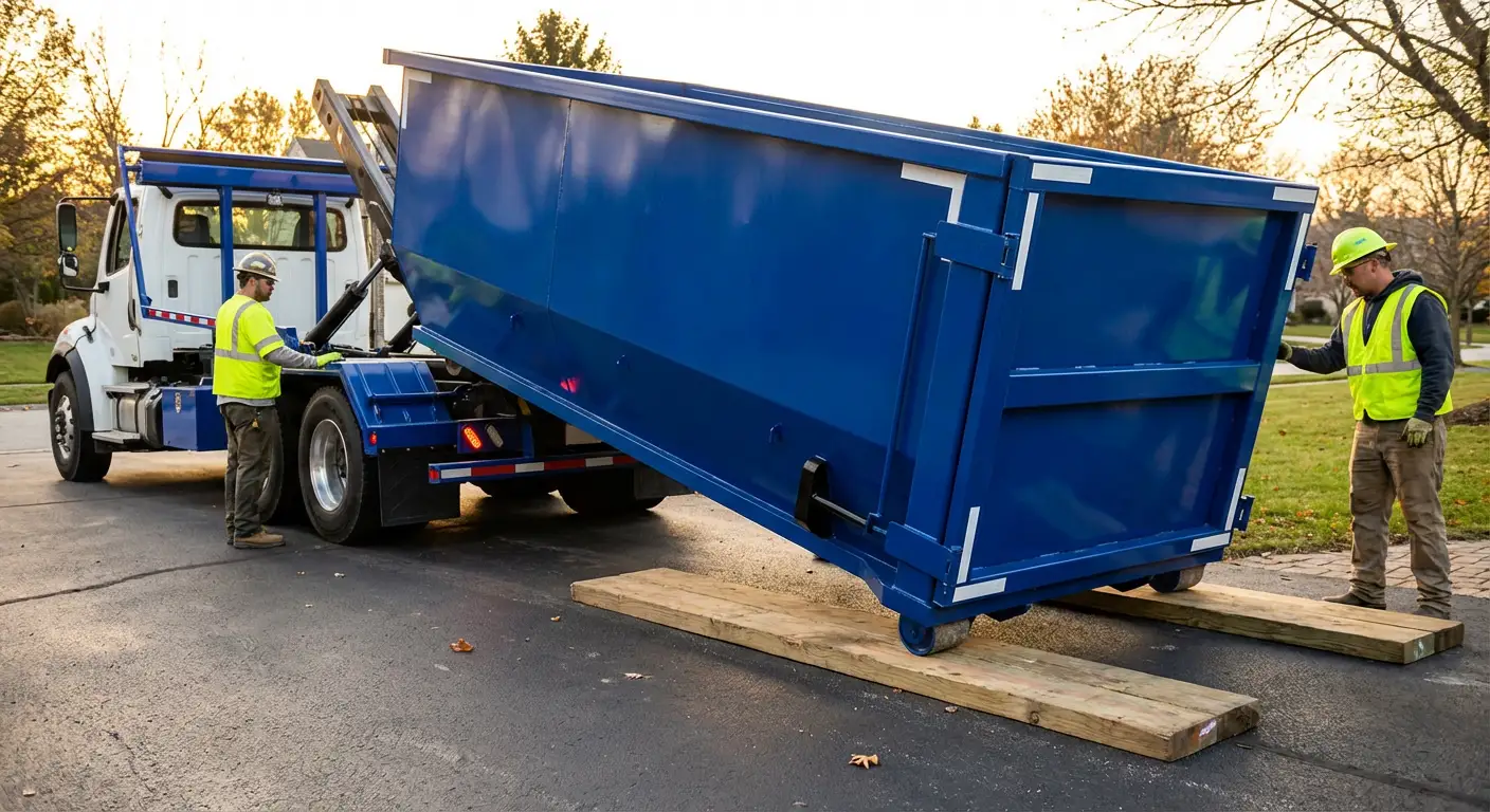 Dumpster delivery on driveway in Towson, MD